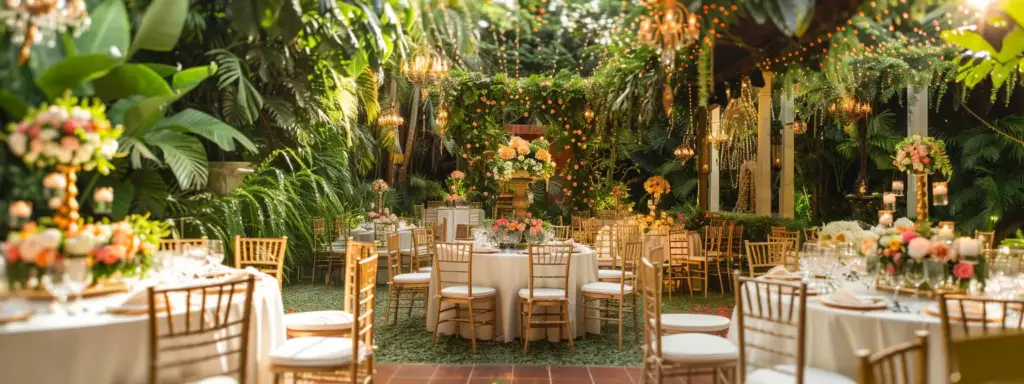a radiant outdoor wedding scene captures a couple surrounded by lush greenery, elegantly set tables adorned with floral arrangements, and an enchanting backdrop that perfectly reflects their vision for a seamless and personalized celebration.