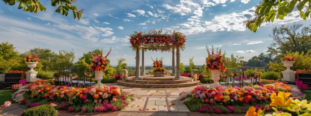a stunning outdoor wedding venue adorned with vibrant floral arrangements and elegant decorations, capturing the essence of seamless logistics and a joyful celebration amid a scenic backdrop.
