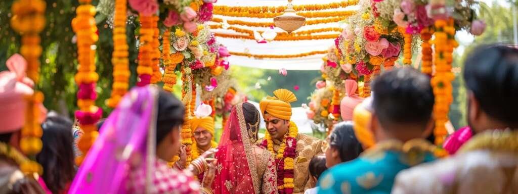 a vibrant and bustling indian wedding scene features a beautifully adorned couple surrounded by colorful decorations, traditional attire, and joyous guests, capturing the essence of cultural celebration and planning expertise.