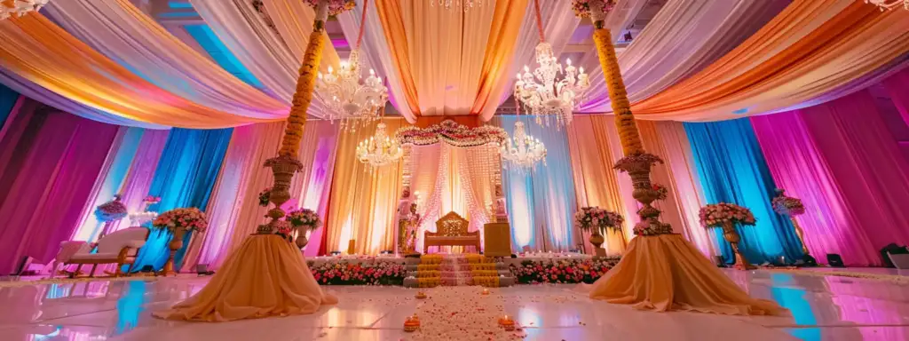 a vibrant and elegant indian wedding scene unfolds under a beautifully adorned mandap, showcasing intricate decorations, colorful fabrics, and a joyful celebration atmosphere that highlights the significance of thoughtful planning in wedding costs.
