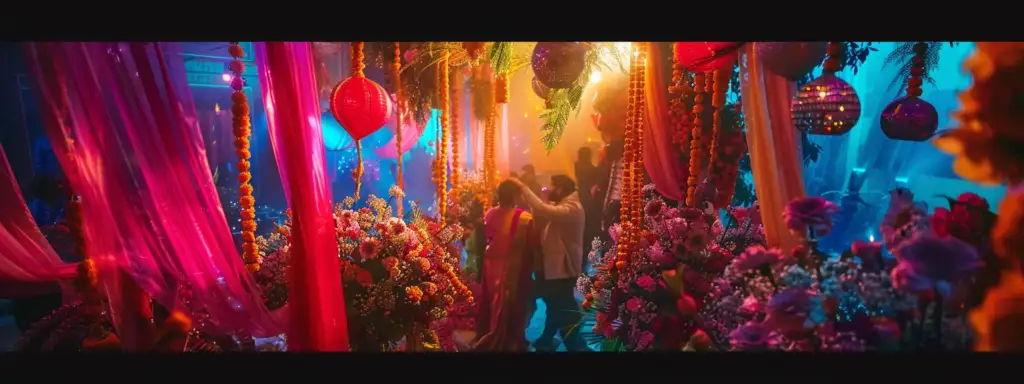 a vibrant indian wedding scene unfolds, showcasing elegantly decorated venues adorned with colorful floral arrangements and intricate drapes, capturing the joyous atmosphere of celebration and the diverse services offered by expert wedding planners.