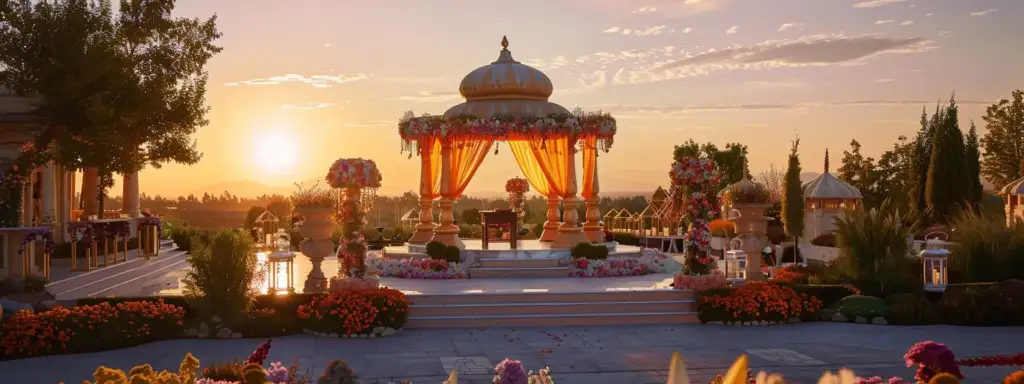 a serene outdoor wedding setup featuring an elegantly adorned mandap, beautifully arranged floral displays, and vibrant decor, all bathed in soft golden light during the golden hour, symbolizing the thoughtful choices couples must make when selecting their wedding planner.