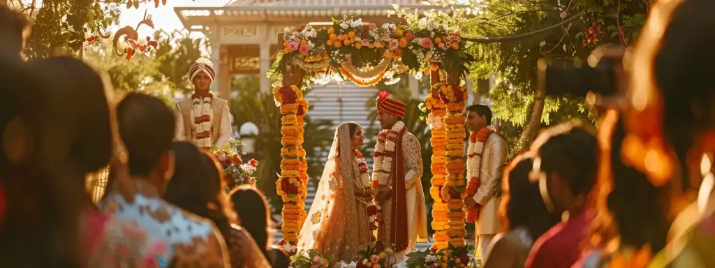 a vibrant indian wedding scene unfolds with a local planner orchestrating colorful regional traditions, while a destination planner presents a stunning outdoor venue surrounded by breathtaking landscapes, highlighting the contrast between cultural richness and picturesque settings.
