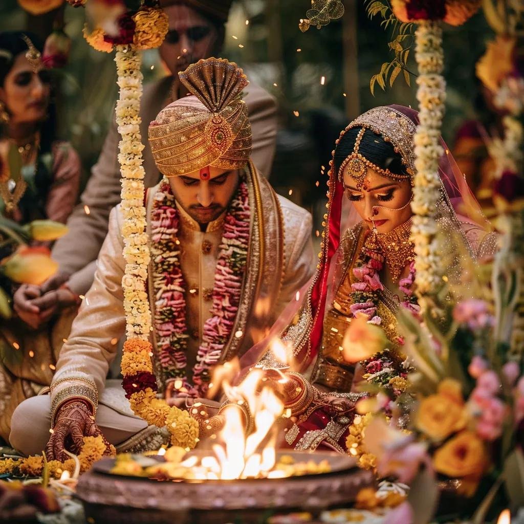 Couple performing Saptapadi ritual around a sacred fire during Indian wedding ceremony