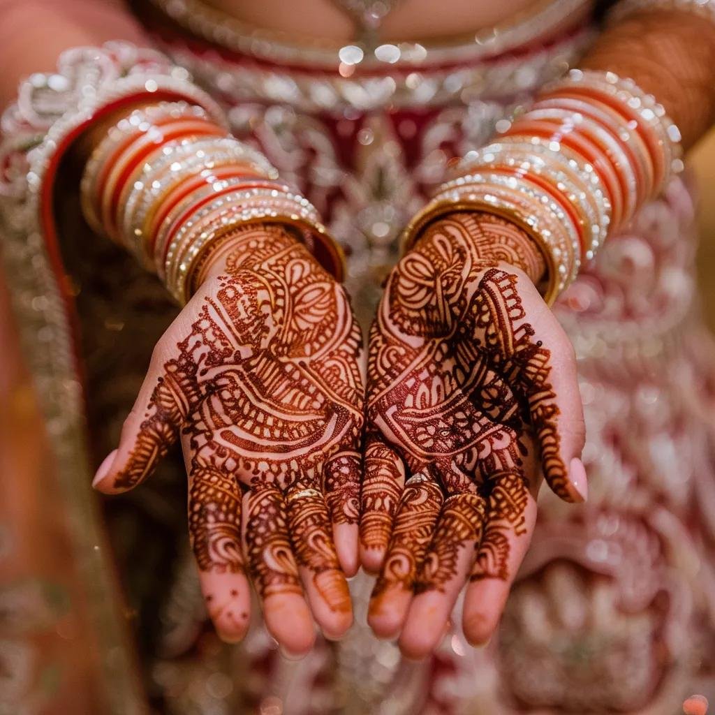 Bride's hands with intricate henna designs during Mehendi ceremony in a festive setting