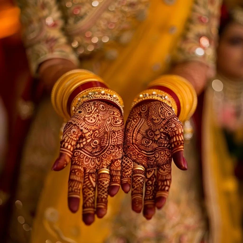 Bride's hands with intricate henna designs during Mehendi ceremony in a festive setting