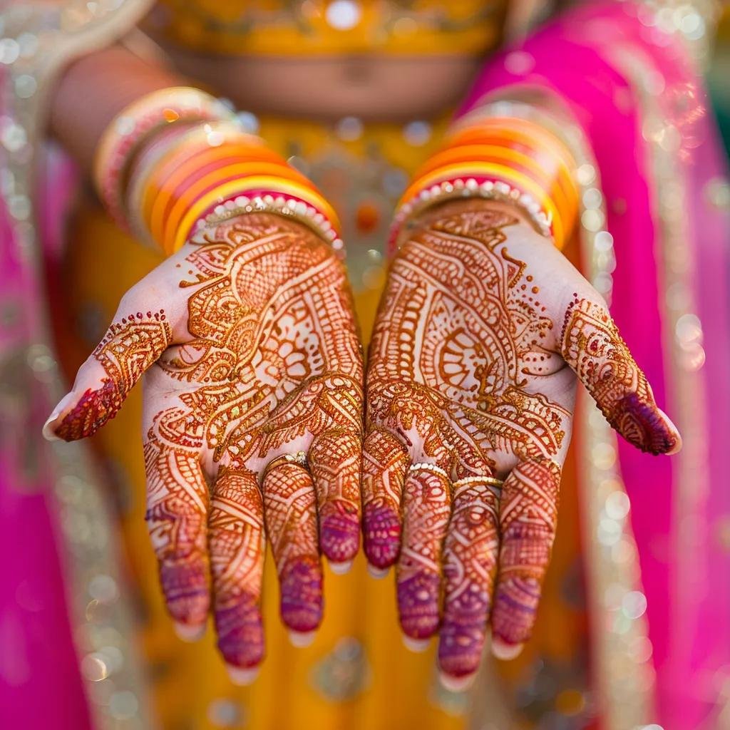 Bride's hands with intricate henna designs during Mehendi ceremony in a festive setting