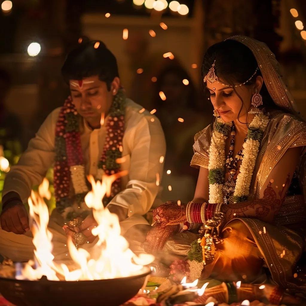 Couple performing Saptapadi ritual around a sacred fire during Indian wedding ceremony
