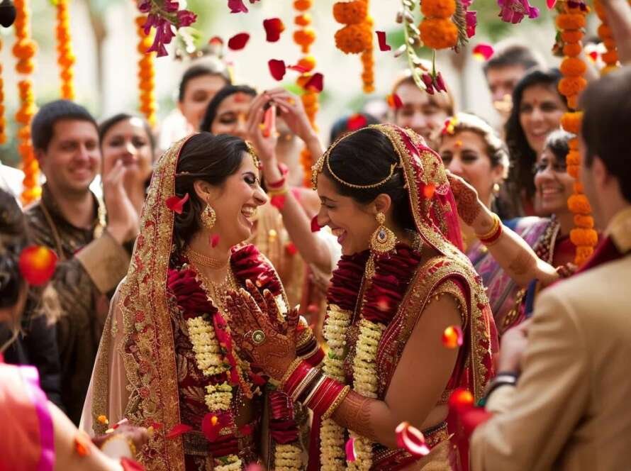 Colorful Indian wedding ceremony with bride and groom in traditional attire surrounded by family and friends