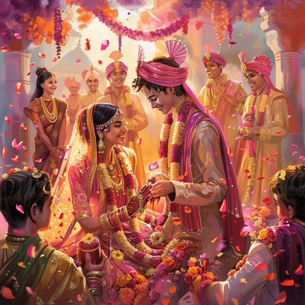 Colorful Indian wedding ceremony with bride and groom in traditional attire surrounded by family and friends
