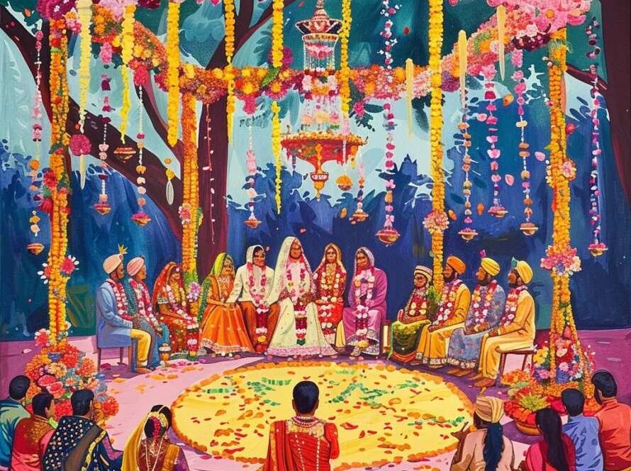 Indian wedding planner coordinating a vibrant wedding ceremony with traditional decor and joyful celebrations