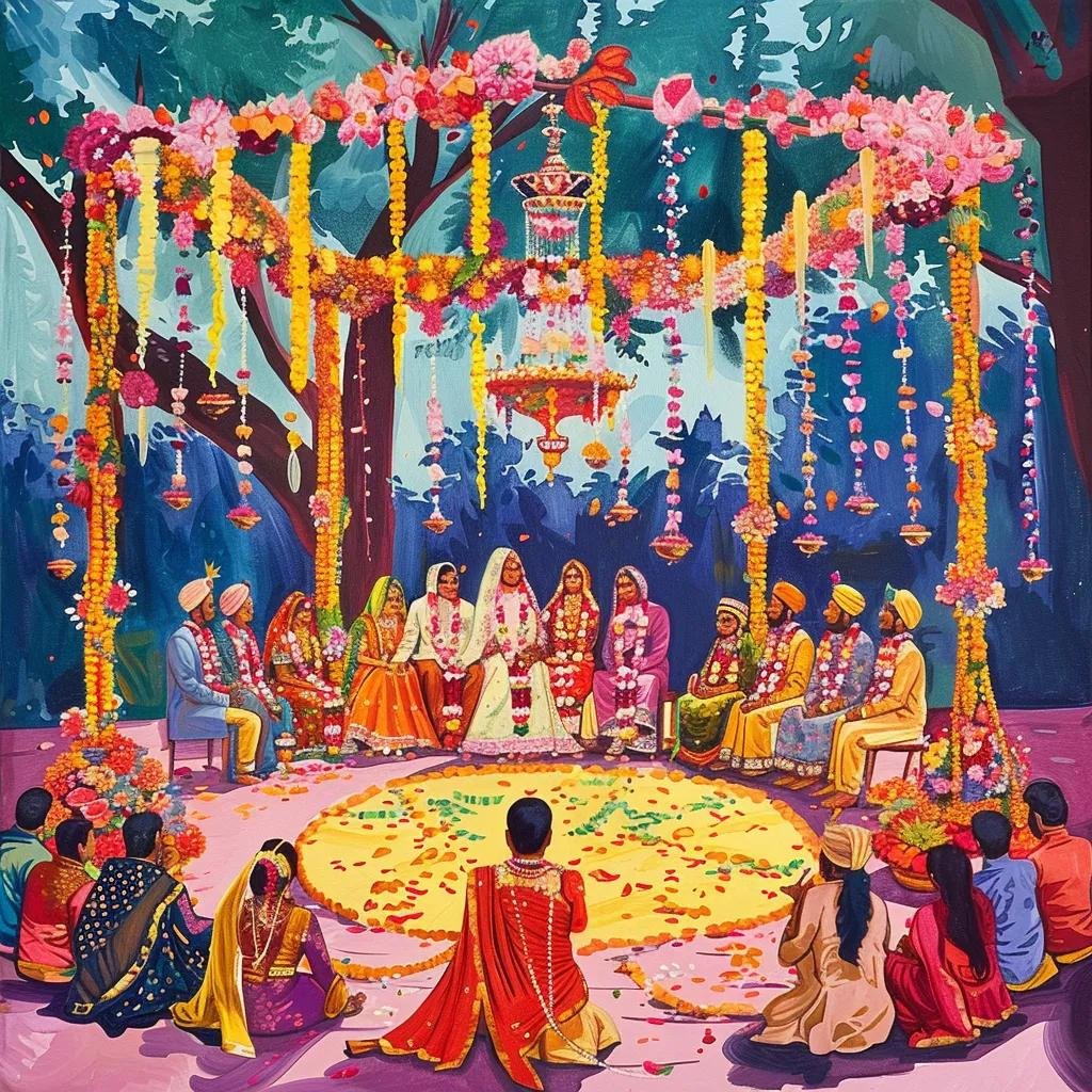 Indian wedding planner coordinating a vibrant wedding ceremony with traditional decor and joyful celebrations