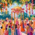 Colorful Indian wedding ceremony with guests in traditional attire, decorated mandap, floral arrangements, and festive atmosphere.