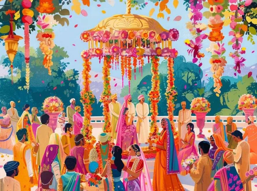 Colorful Indian wedding celebration with traditional attire and decorations