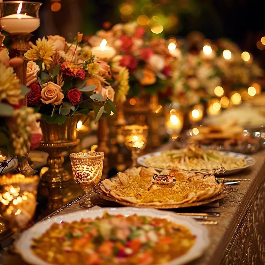 Elegant table setting for an Indian wedding reception showcasing traditional cuisine and decor