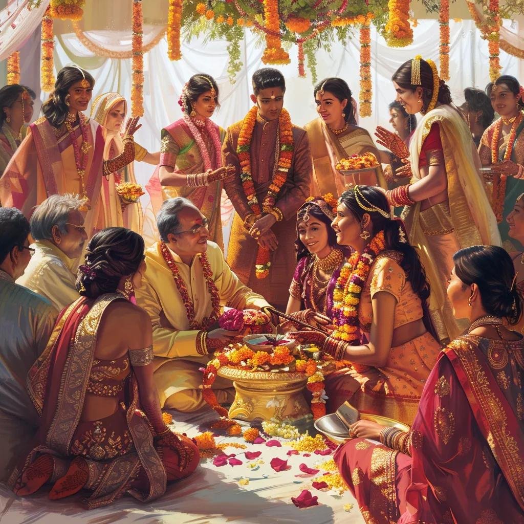 Colorful Indian wedding ceremony with bride and groom in traditional attire surrounded by family and friends