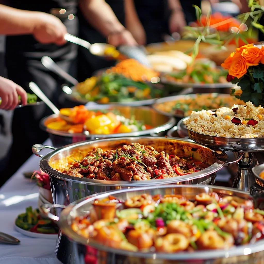 Multicultural wedding catering display with diverse traditional dishes and a festive atmosphere