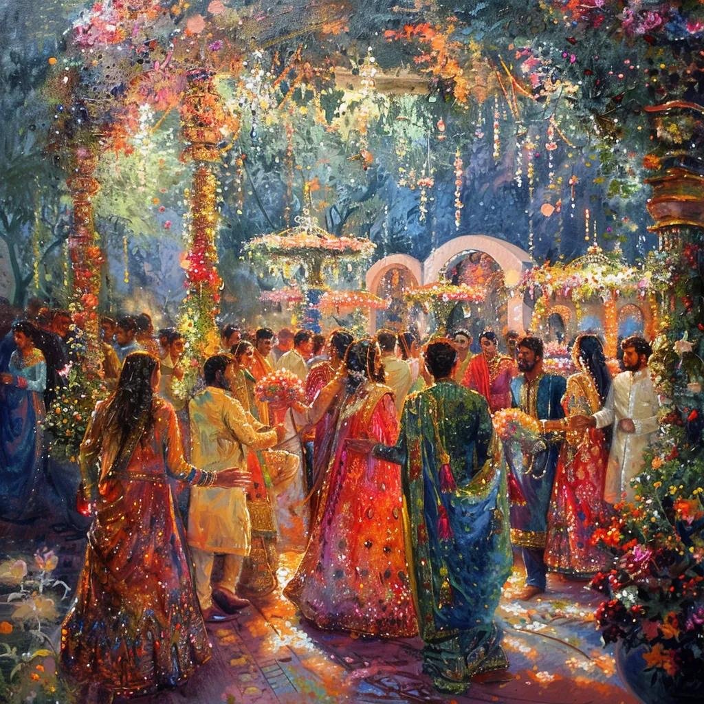 Vibrant scene of a traditional Pakistani wedding celebration with floral decorations and guests in traditional attire