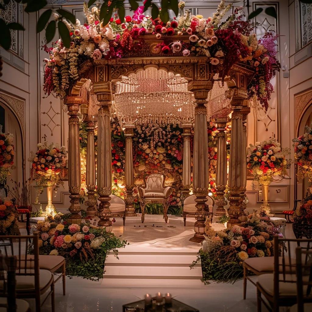 Elegant Indian wedding decor featuring mandap, floral arrangements, and ambient lighting