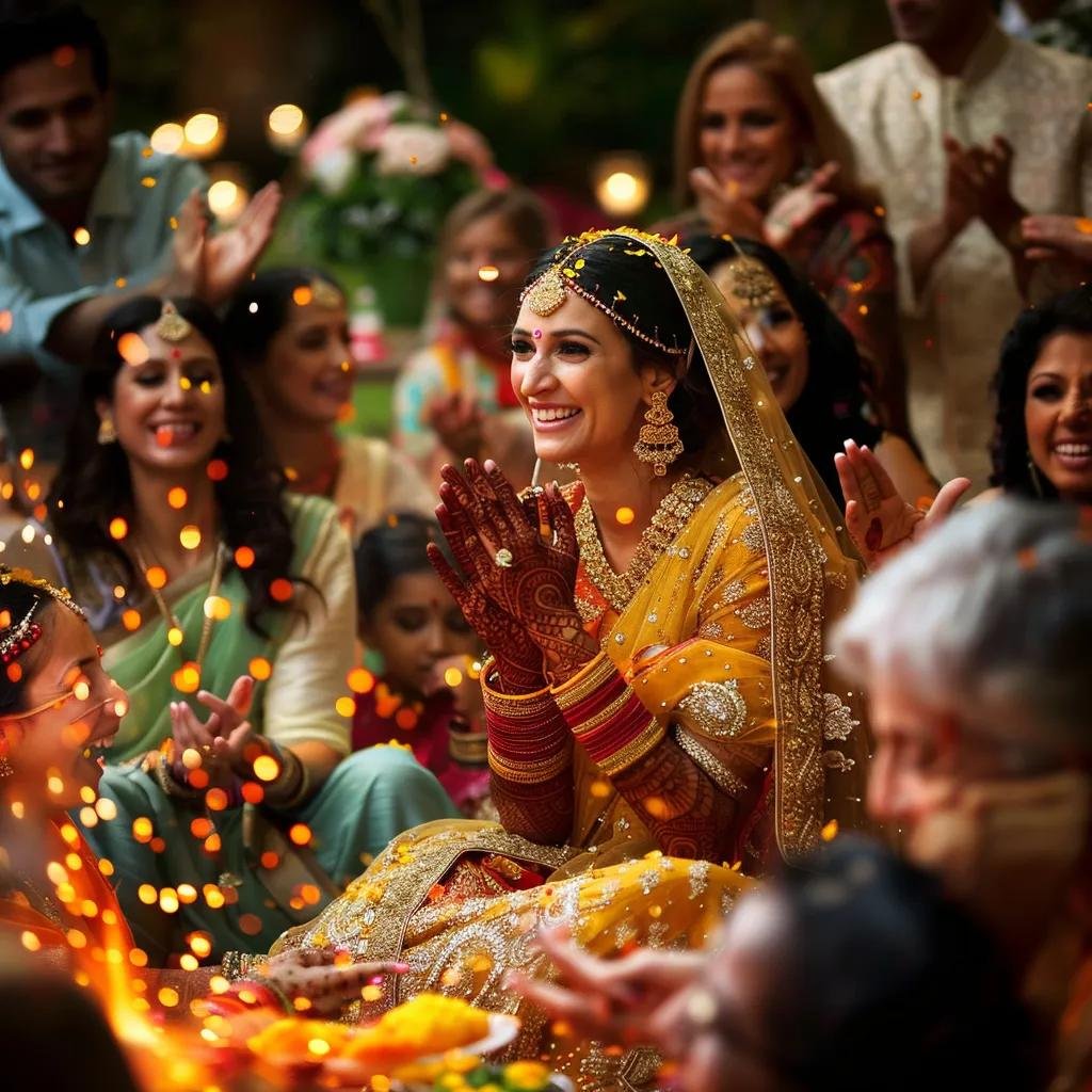 Celebration of a Mehndi ceremony with a bride showcasing henna designs surrounded by family and friends
