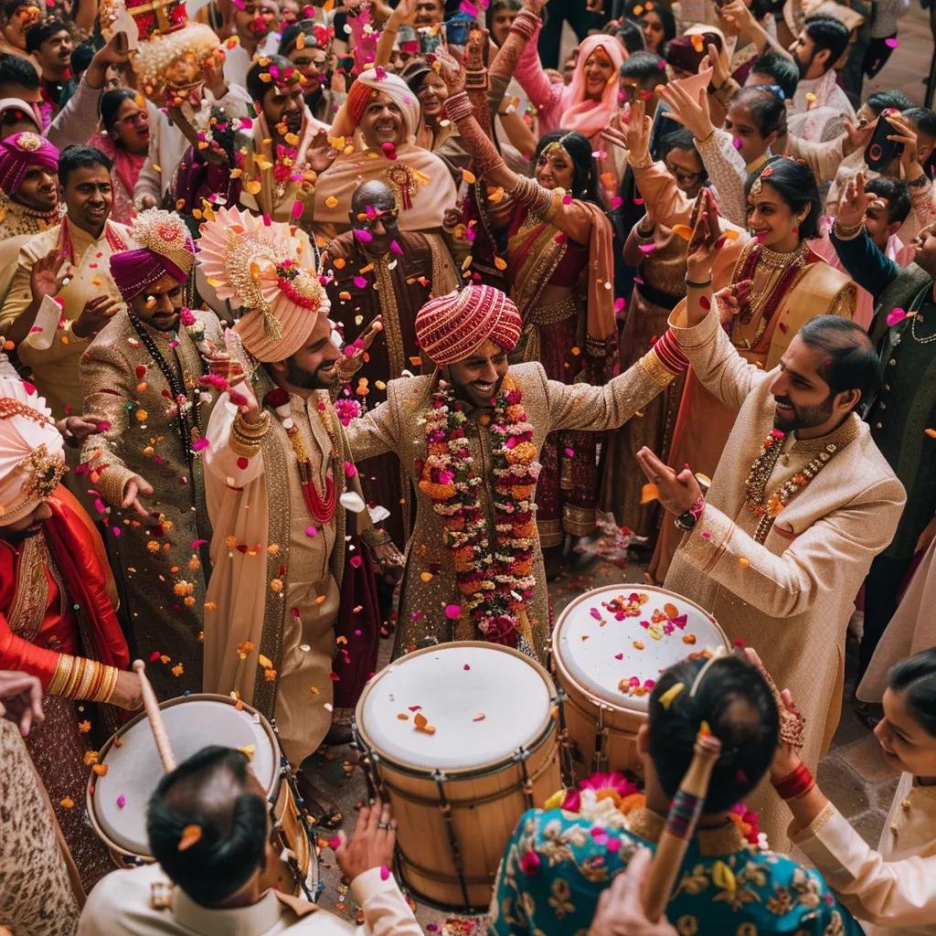 Lively Baraat procession with drummers, dancers, and guests celebrating the groom's arrival