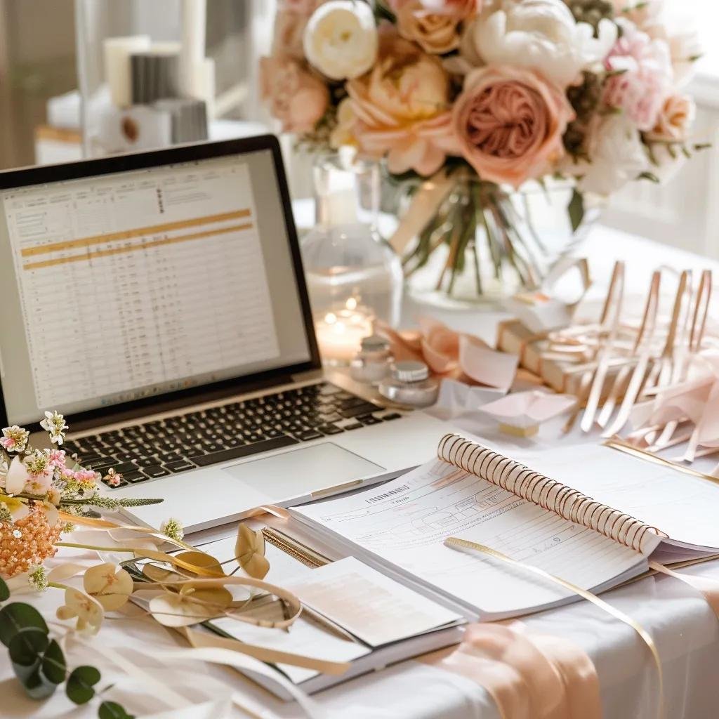 Wedding planner's workspace with planning materials and decor samples