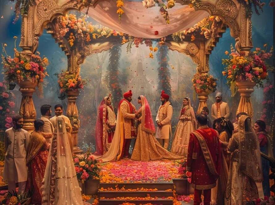 Colorful Indian wedding mandap with floral decorations and joyful guests