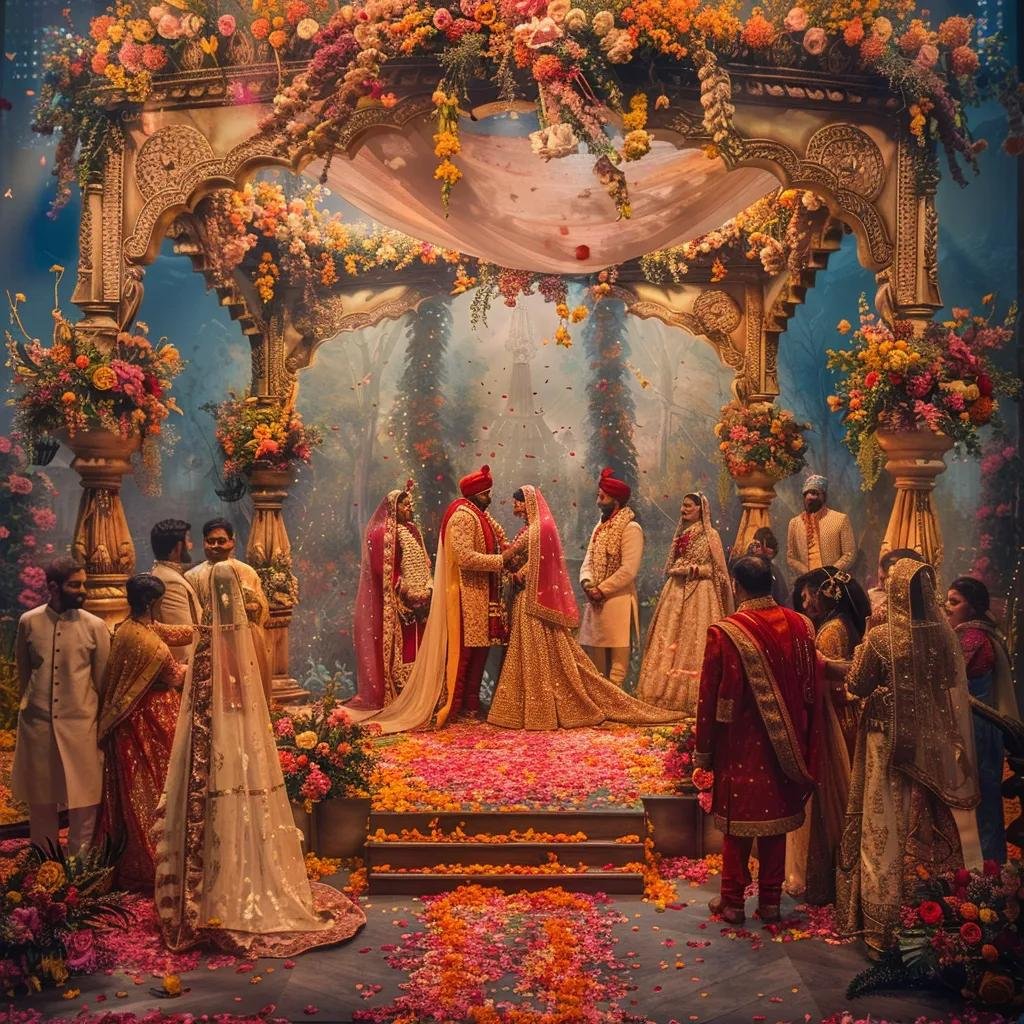 Colorful Indian wedding mandap with floral decorations and joyful guests