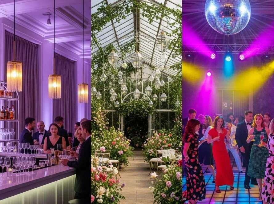 Event space showcasing a bar area, a beautifully decorated greenhouse with floral arrangements, and a lively dance floor with colorful lights, illustrating diverse event themes for weddings and celebrations.