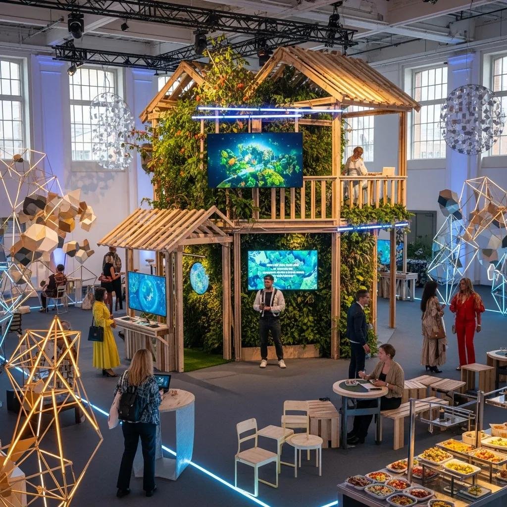 Eco-friendly event setup featuring a wooden structure with greenery, digital screens displaying underwater scenes, and attendees engaging with interactive elements, reflecting immersive storytelling and sustainable design trends for 2024.
