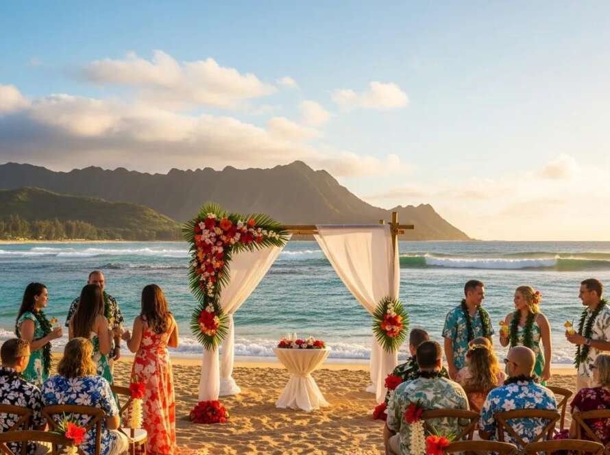 Beach wedding setup on North Shore, Oahu, featuring a floral arch, tropical decor, and guests celebrating against an ocean backdrop at sunset.