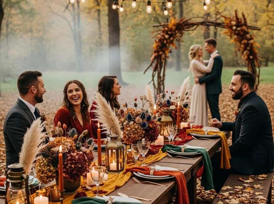 Charming fall wedding reception featuring a beautifully decorated table with dried florals, warm lighting, and autumn colors, with guests enjoying the cozy ambiance in an outdoor setting.