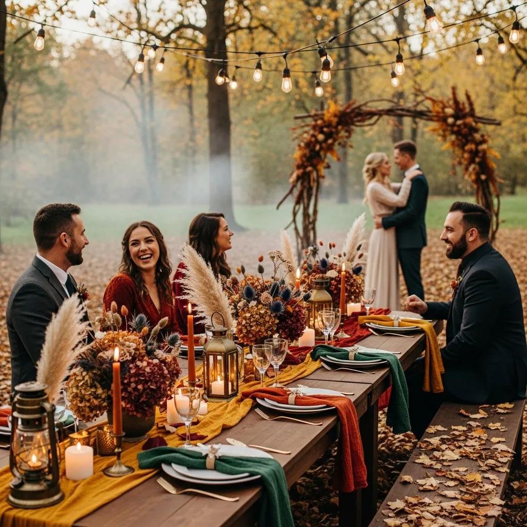 Charming fall wedding reception with decorated table featuring dried florals, warm lighting, and autumn colors, set in a forested area with guests enjoying the ambiance and a couple embracing in the background.