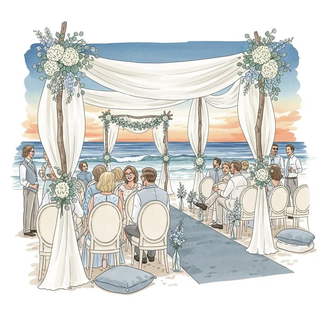 Coastal chic wedding setup with an ocean backdrop, elegant white drapery, floral accents, and guests seated on the beach for a summer ceremony.