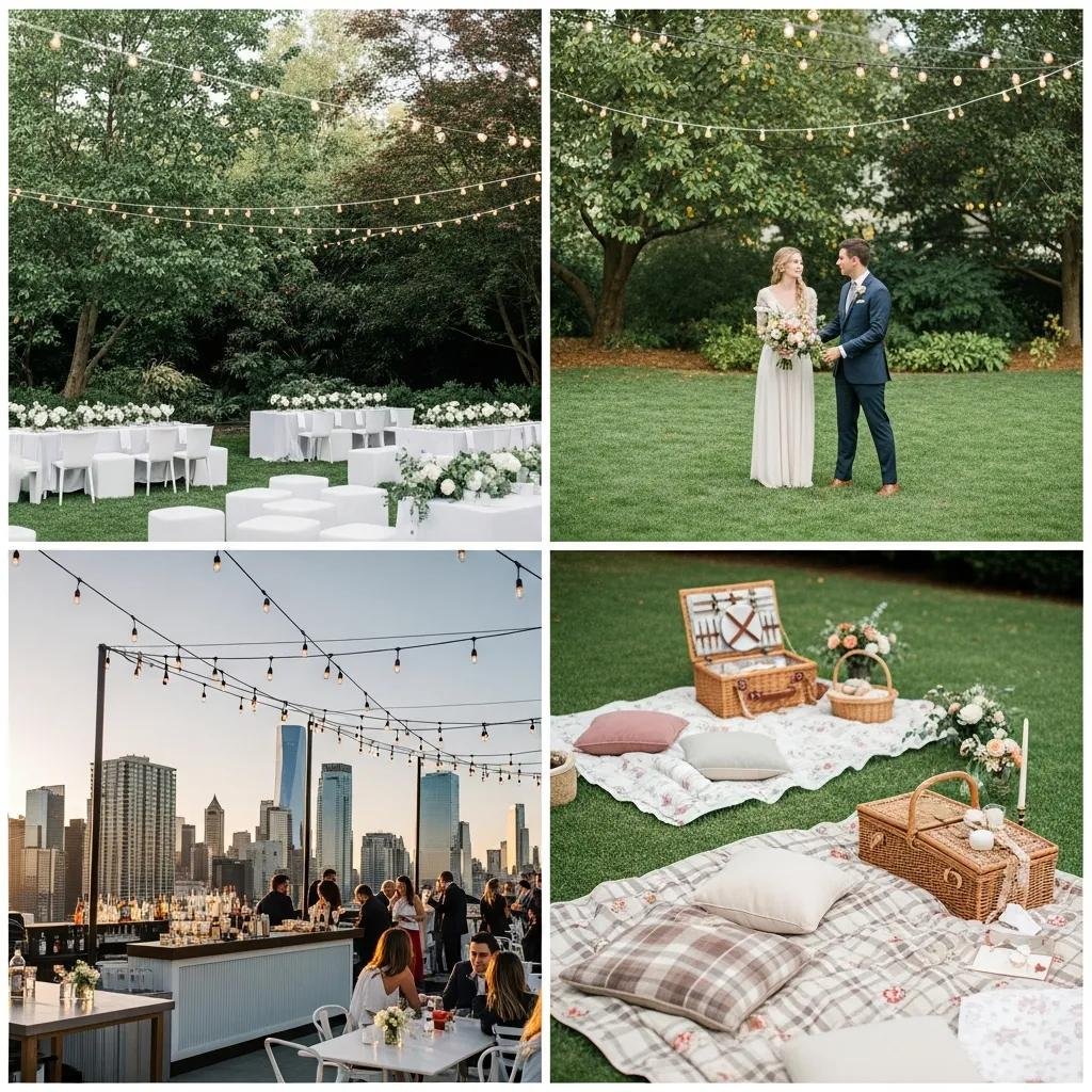 Collage of unique engagement party themes featuring a modern garden party with string lights, a couple in an outdoor setting, a rooftop gathering with city skyline, and a picnic setup with blankets and baskets.