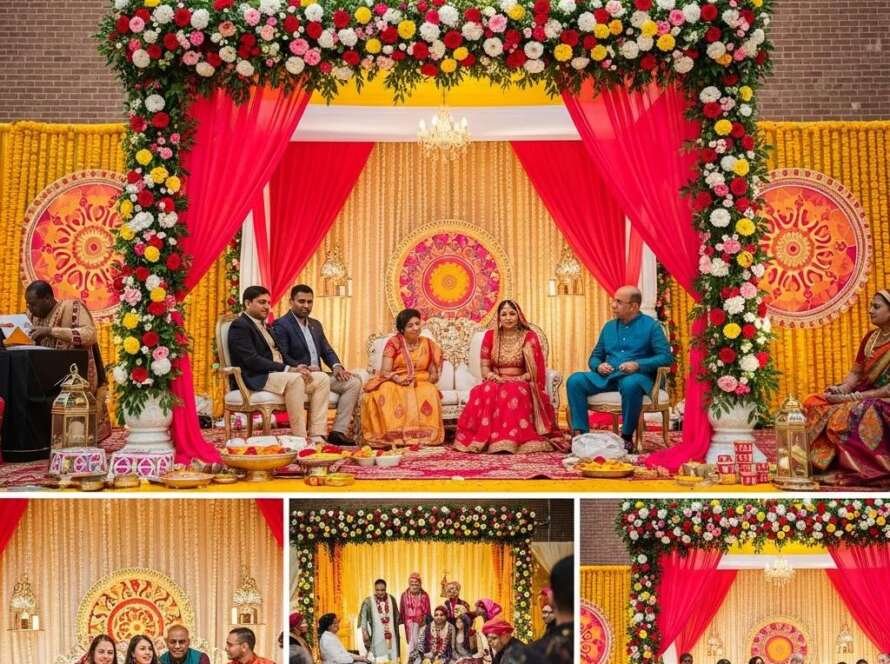 Colorful Indian wedding mandap setup in Maryland, featuring guests celebrating traditional rituals, adorned with floral decorations, vibrant drapes, and cultural elements, showcasing the essence of Indian wedding traditions and planning.