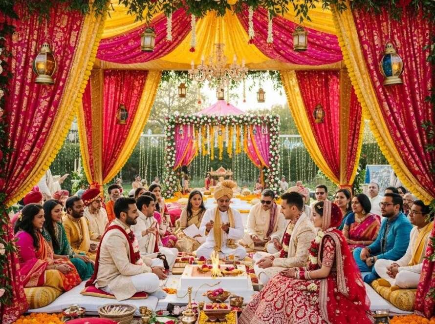 Colorful Indian wedding mandap adorned with floral decorations, featuring guests in traditional attire, and a ceremonial setting with a priest and bride and groom.