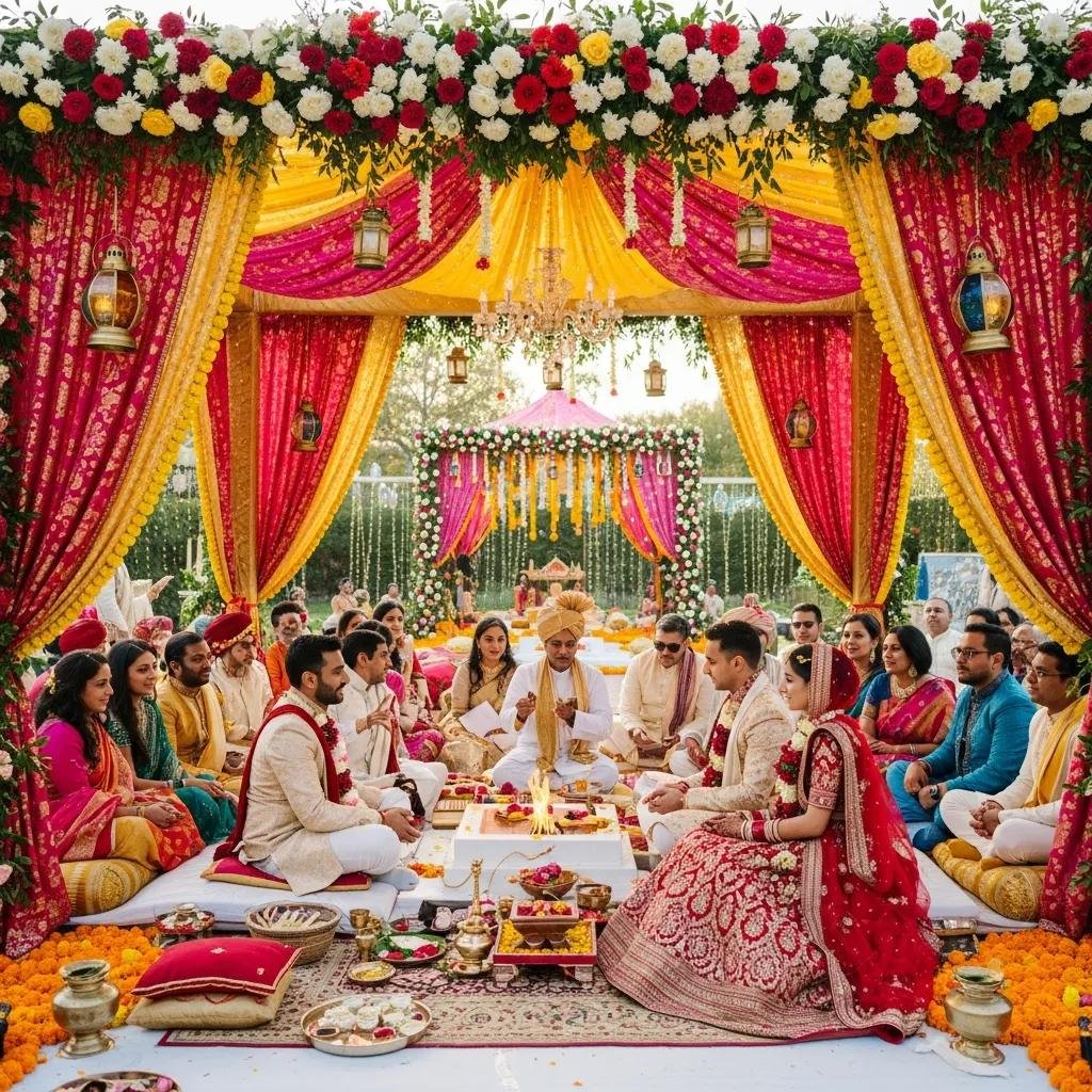 Colorful Indian wedding mandap adorned with floral decorations, featuring guests in traditional attire participating in a ceremonial ritual, highlighting cultural richness and celebration.