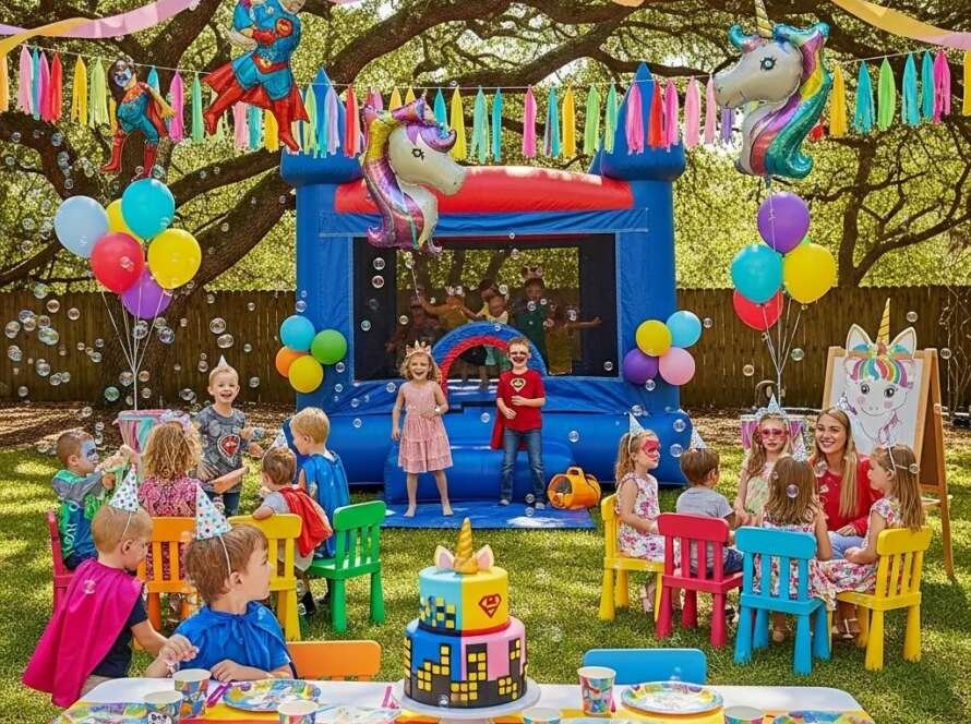 Colorful kids' birthday party scene with children playing games, a bouncy castle, vibrant decorations, balloons, and a superhero-themed cake, showcasing festive atmosphere and joyful activities.