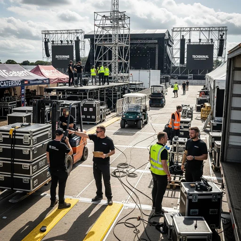 Concert production team coordinating with vendors on-site, managing logistics and equipment setup, ensuring timely delivery and technical specifications.