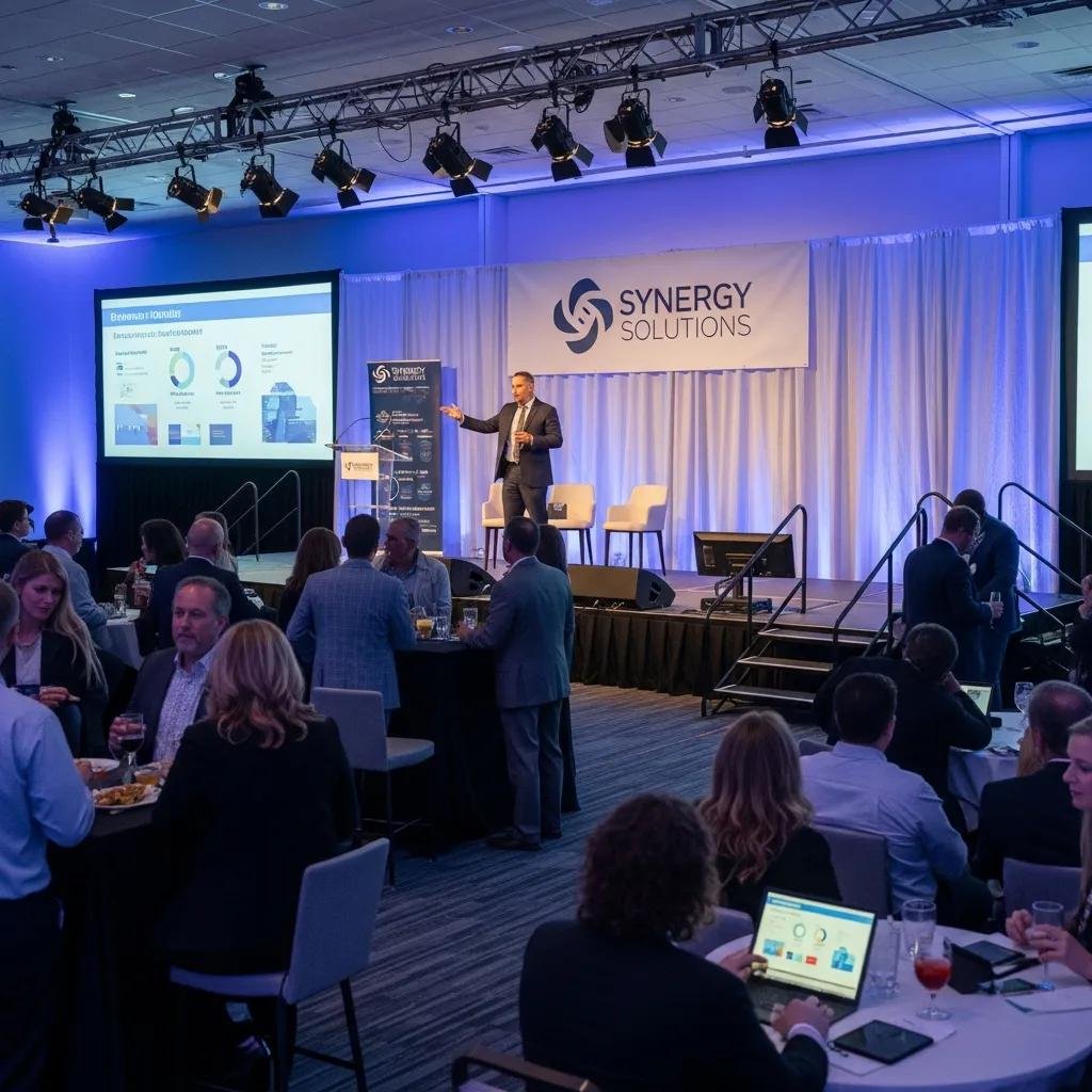 Corporate event in Broad Ripple featuring attendees networking around tables and a speaker presenting on stage with a "Synergy Solutions" banner in the background.