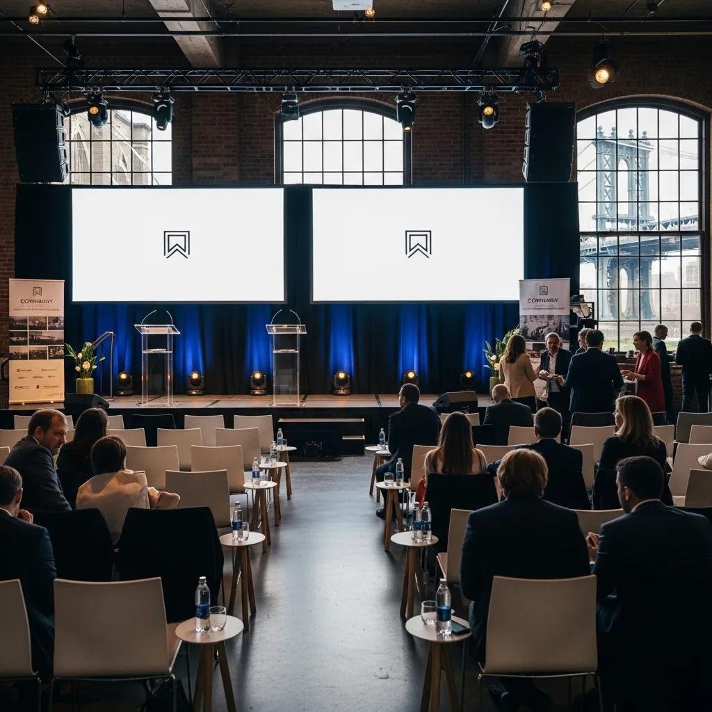 Corporate event setup in DUMBO featuring dual screens, podiums, and attendees, emphasizing AV equipment and branded materials for professional presentations.