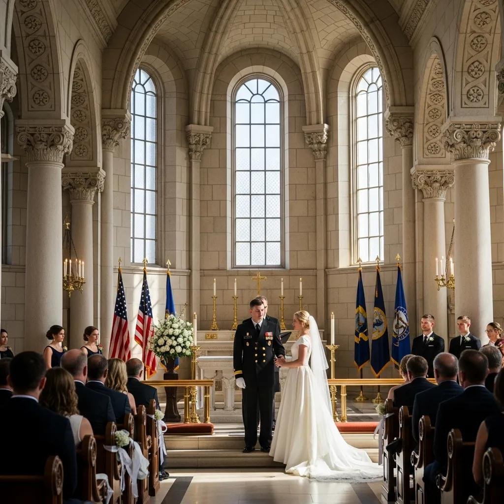 Couple exchanging vows in a Naval Academy chapel, surrounded by guests and historic architecture, featuring American flags and floral arrangements, emphasizing wedding planning services in Annapolis.