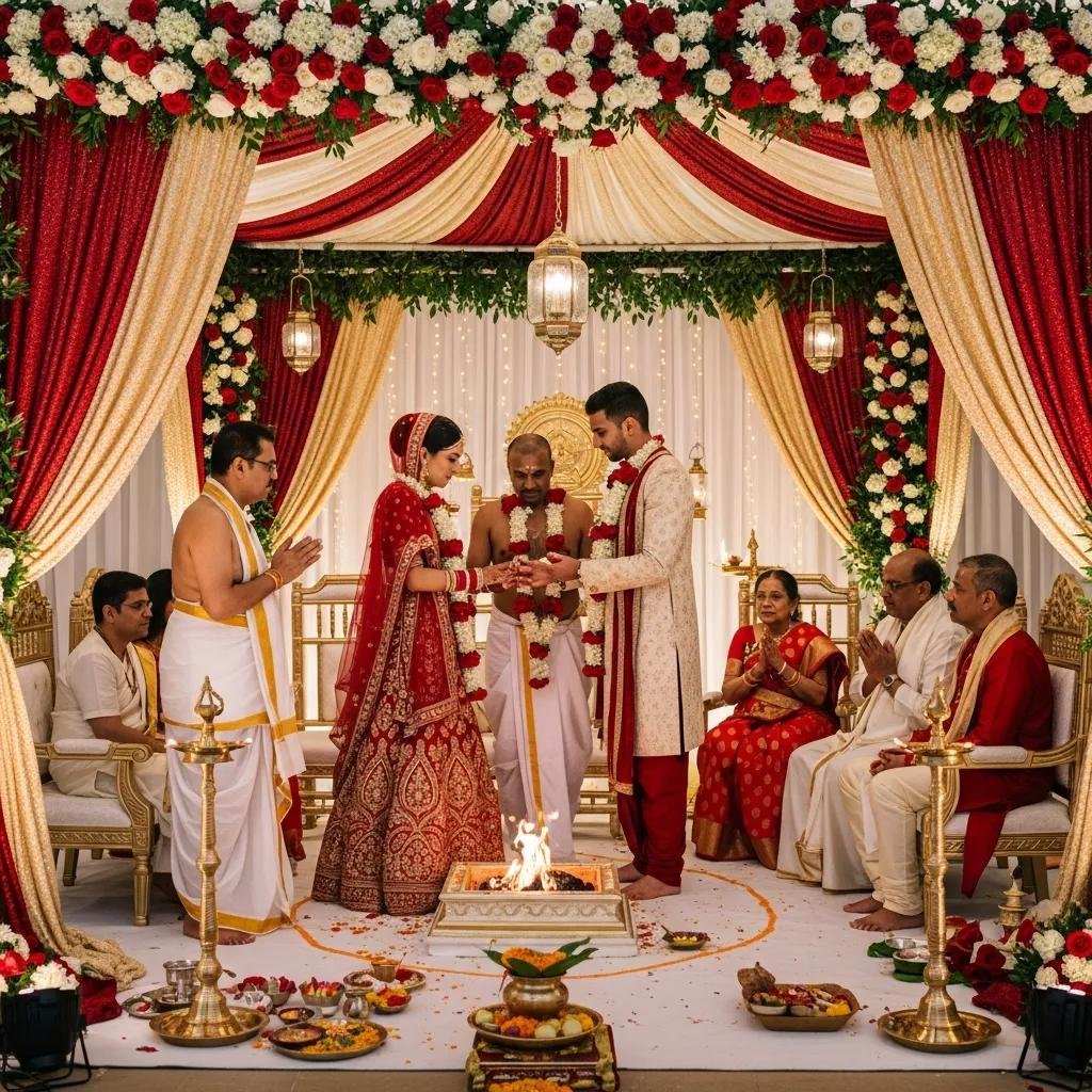 Couple performing Saptapadi vows around a sacred fire altar in a decorated mandap, surrounded by family and a priest, symbolizing commitment and cultural tradition in an Indian wedding ceremony.