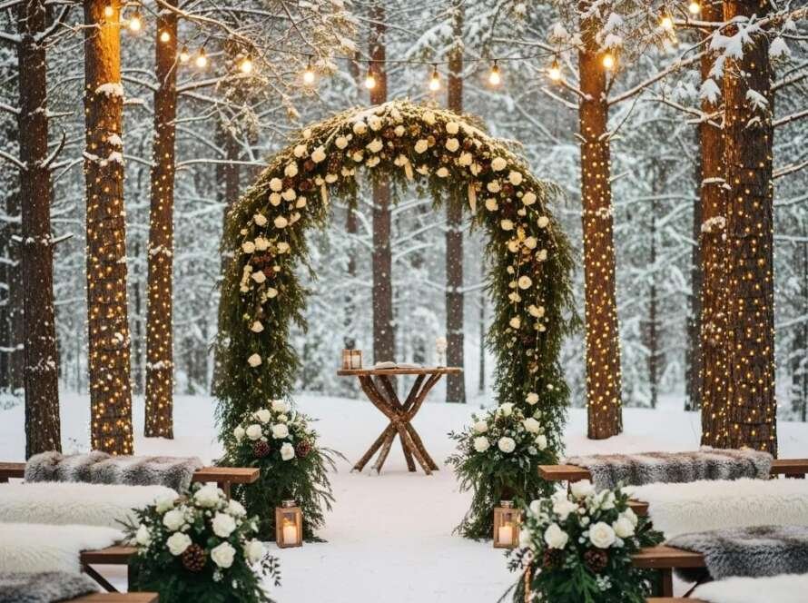 Cozy winter wedding setup featuring a floral arch, snow-covered trees, and warm lighting, ideal for enchanting winter wedding ideas and planning.
