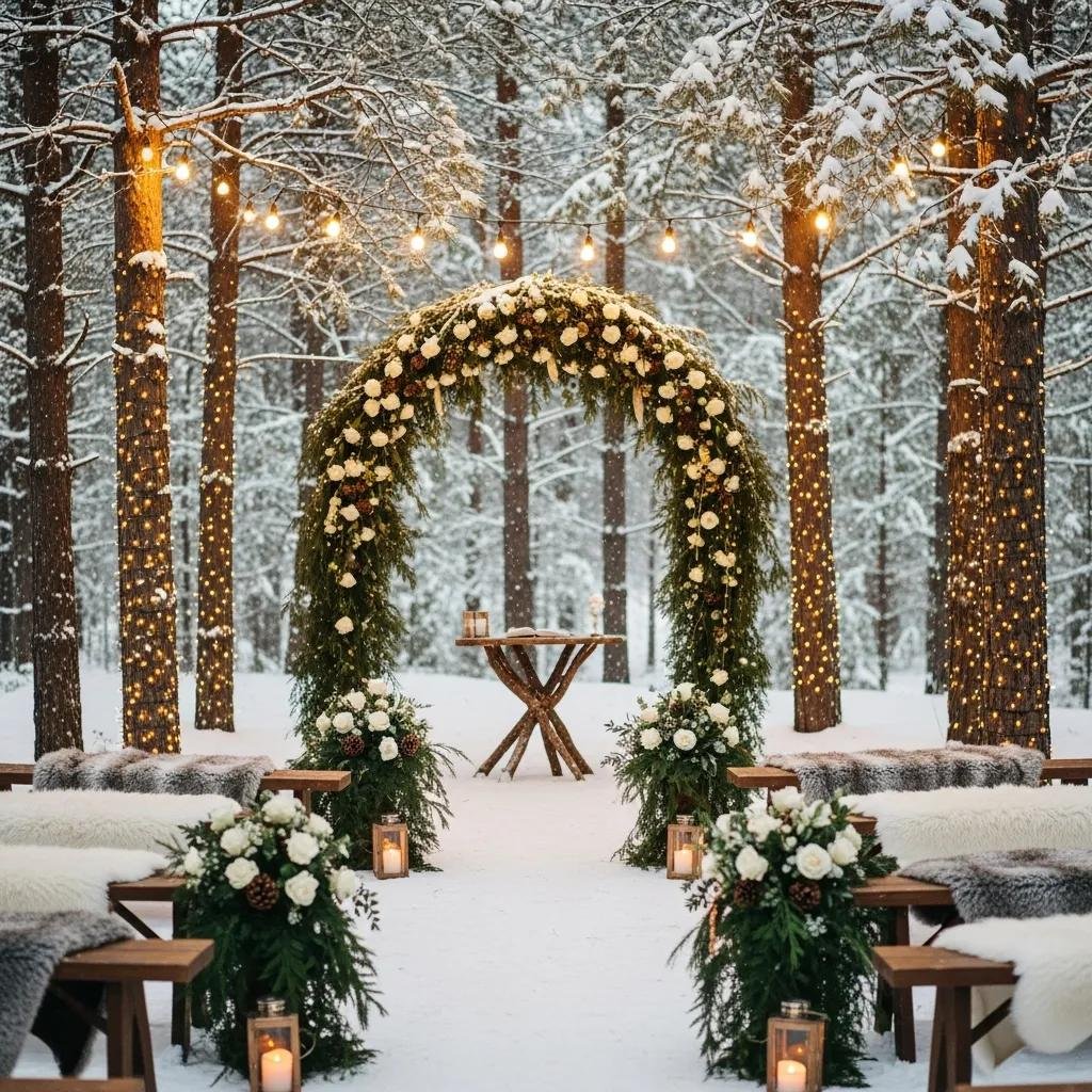 Cozy winter wedding setup featuring a floral archway, warm lighting, and snow-covered trees, with wooden benches and lanterns enhancing the intimate atmosphere.