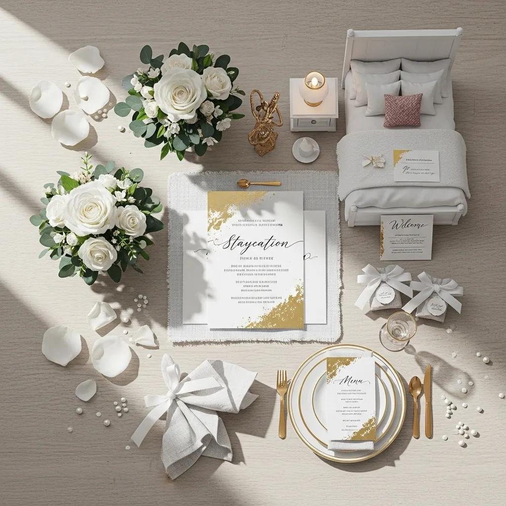 Staycation wedding package display featuring elegant floral arrangements, decorative table settings, and personalized stationery, highlighting convenience and customization for local celebrations.