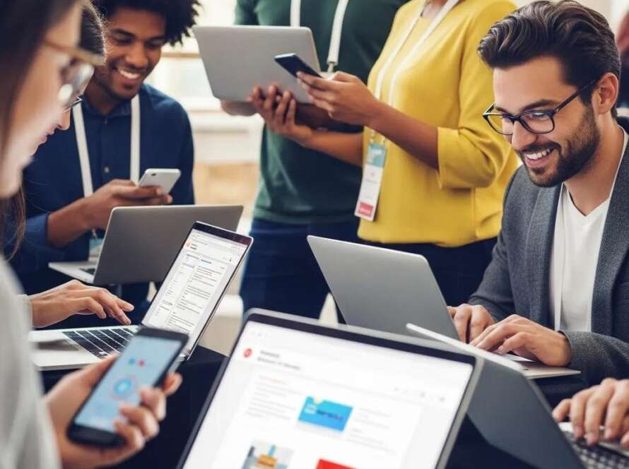 Diverse group of people engaging with laptops and smartphones in an event setting, highlighting collaboration and digital strategies for effective email marketing.