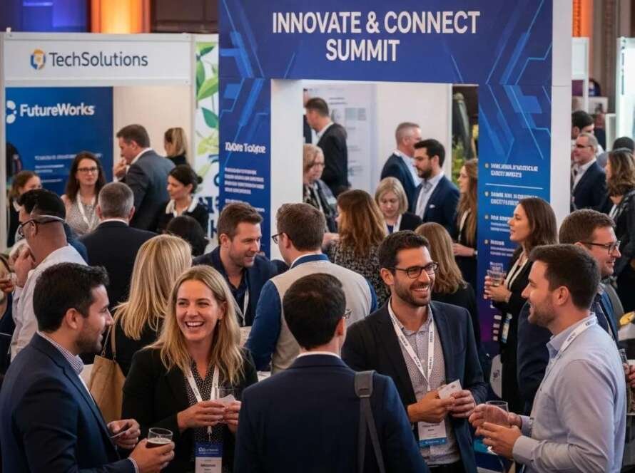 Networking event scene at the Innovate & Connect Summit, showcasing engaged attendees interacting and discussing amidst vendor displays and promotional signage.