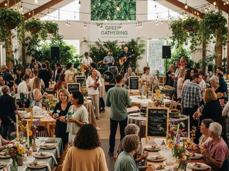 Eco-friendly event setup with sustainable decor and engaged guests